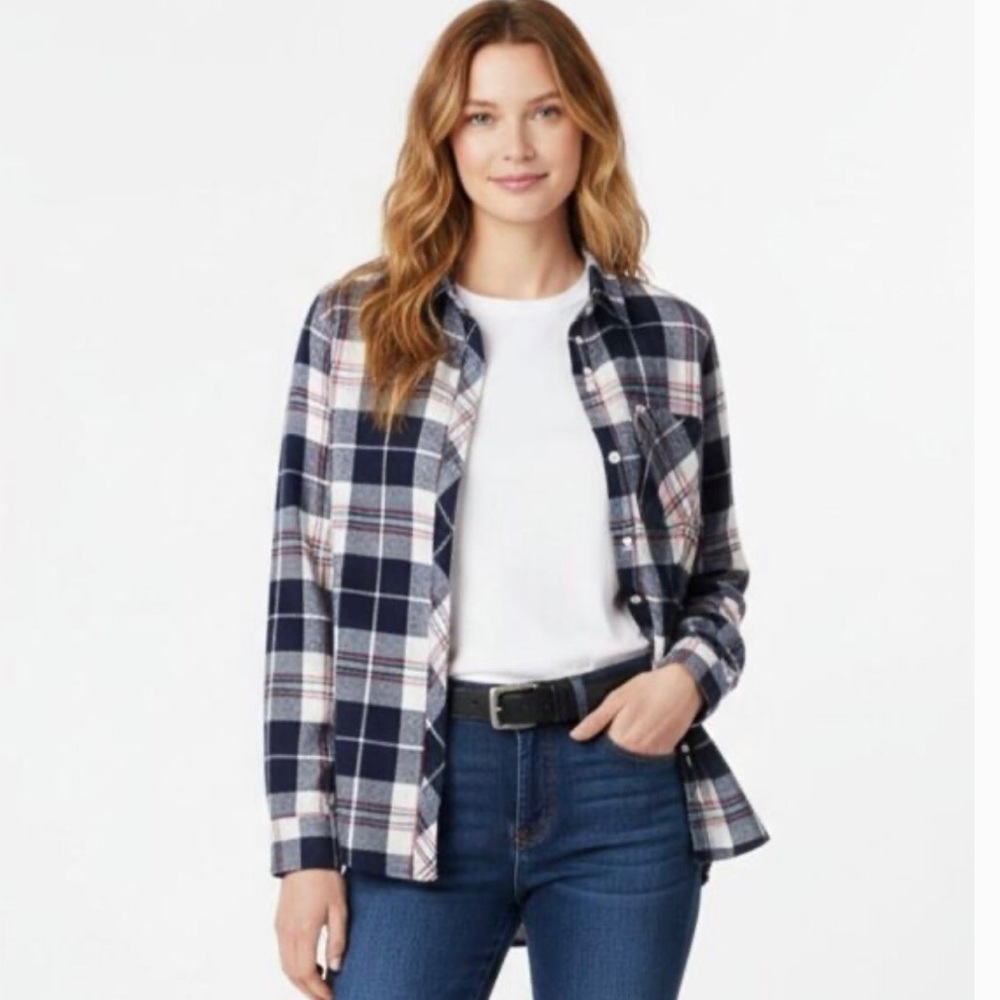 Woolrich Women's XXL Blue & White Plaid Flannel Shirt 100% Cotton Button Up EUC